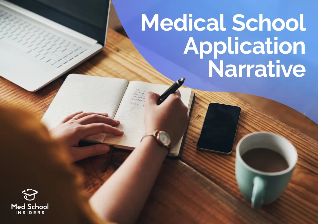 A person writing in a notebook at a wooden desk with a laptop, smartphone, and coffee mug nearby, beside the text 'Medical School Application Narrative.' Med School Insiders logo in the bottom left corner.