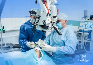 Two neurosurgeons in blue surgical gowns and masks performing a procedure using a surgical microscope on a patient in an operating room.
