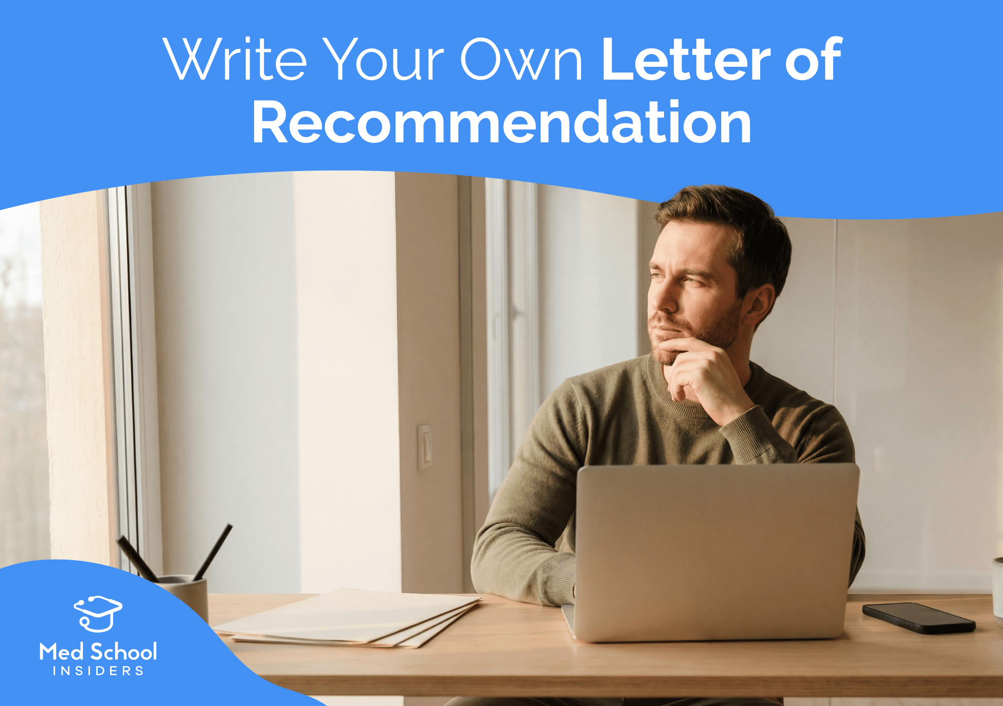 Med student thinking and writing a letter of recommendation