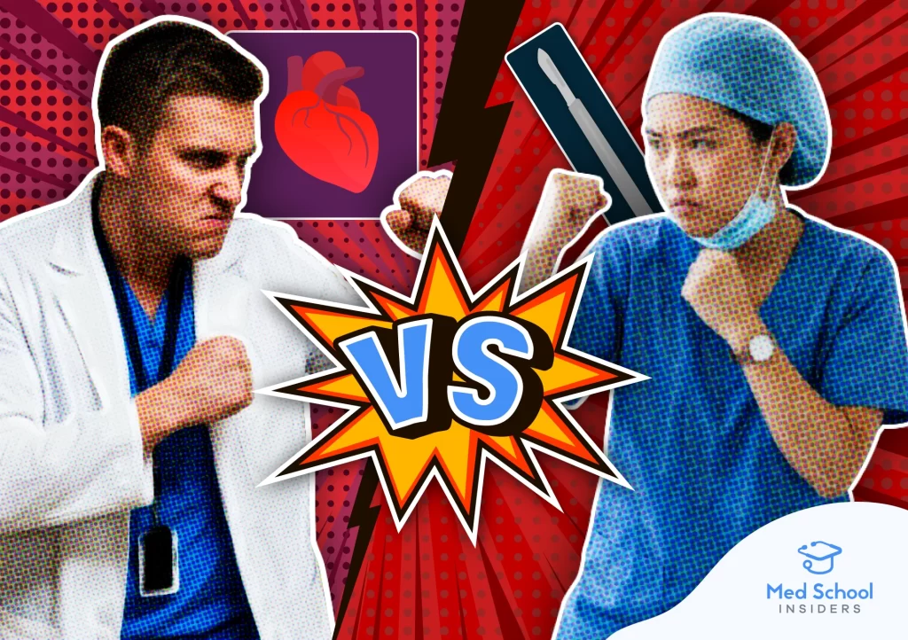 A comic-style graphic comparing a cardiologist in a white coat against a cardiothoracic surgeon in scrubs.