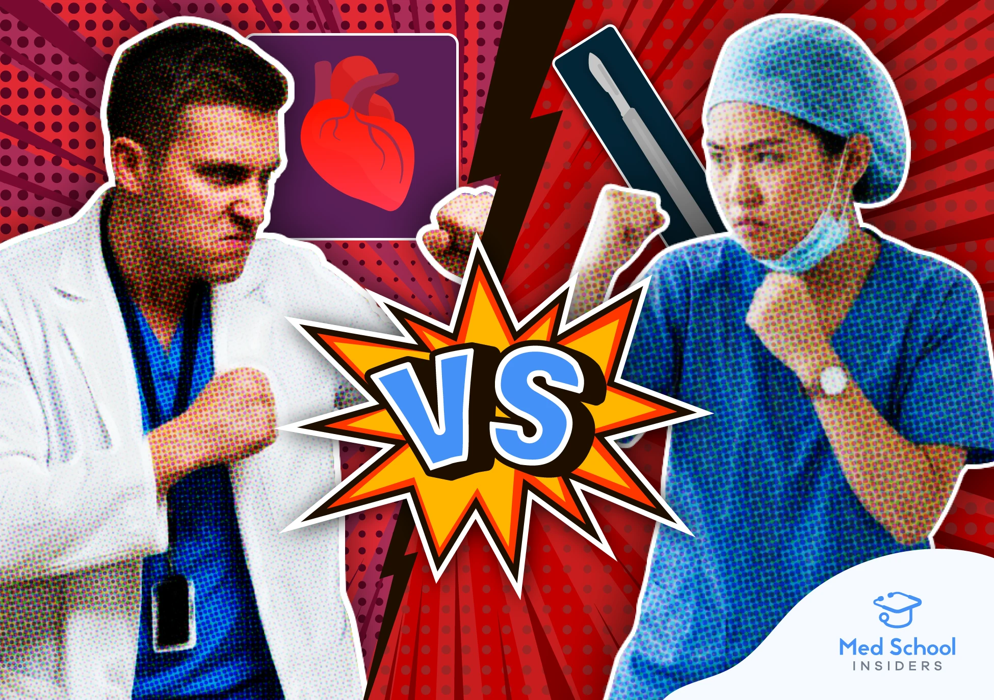 A comic-style graphic comparing a cardiologist in a white coat against a cardiothoracic surgeon in scrubs.