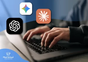A premed student typing on a laptop with AI tool logos floating above, representing how AI is impacting medical school admissions in 2026.