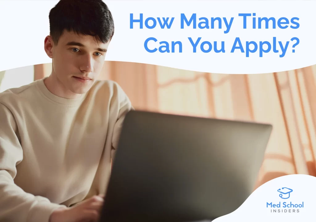 A focused premed student sitting with a laptop considering how many times to apply to medical school.