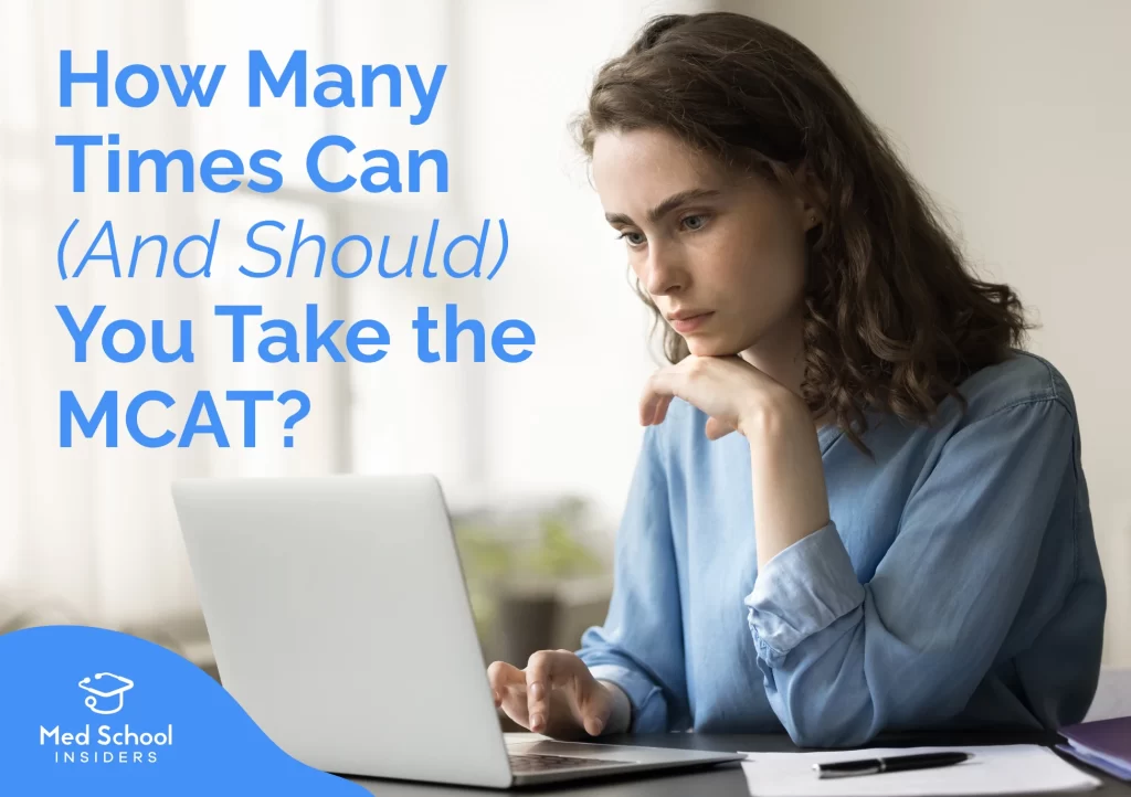 A premed student looking pensively at her laptop while researching how many times she can take the MCAT.