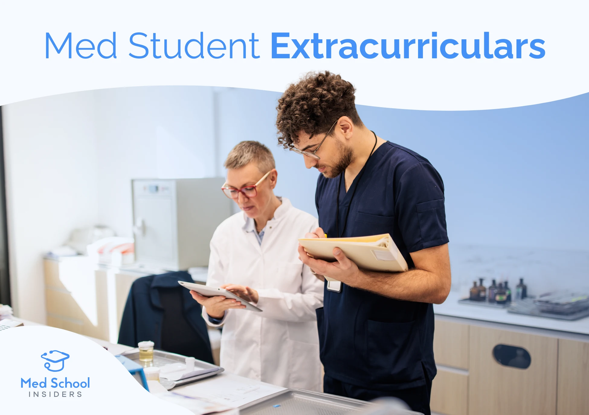 A medical student in scrubs reviewing notes with a physician mentor in a clinical setting.