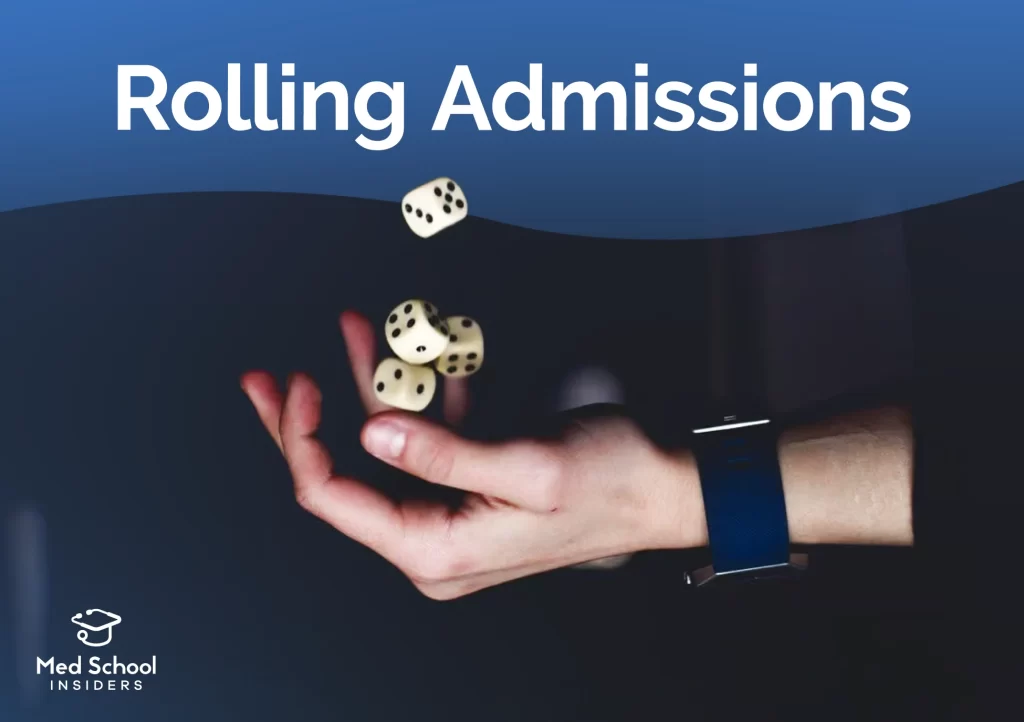 A hand tossing dice in the air against a dark background, illustrating the chance-based nature of medical school rolling admissions.