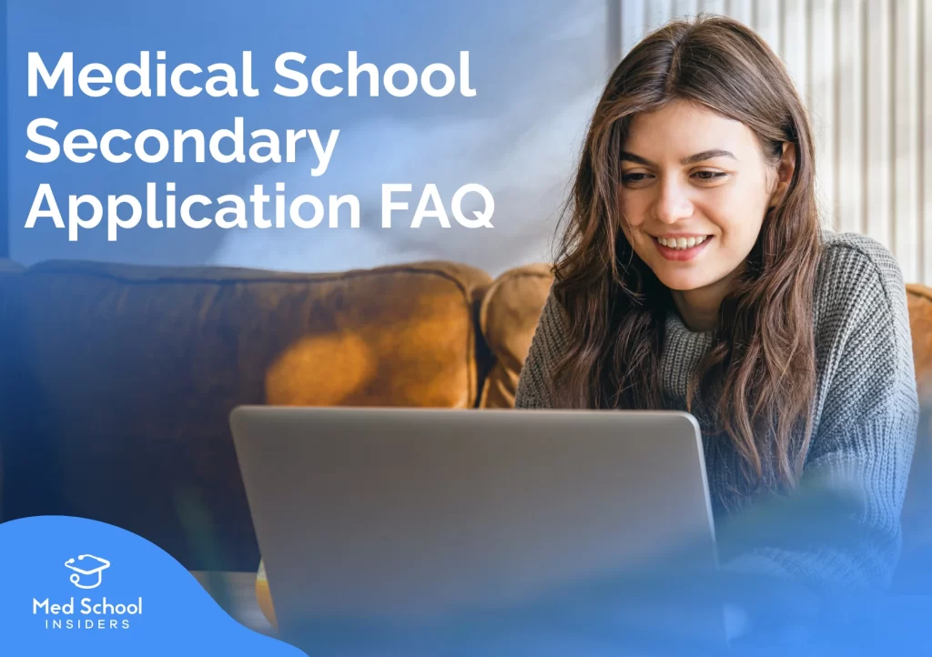 A smiling premed student working on her medical school secondary applications on a laptop at home.