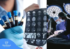 Three medical specialties represented by a lab technician holding blood samples, a doctor reviewing brain MRI scans, and surgeons operating in an OR.