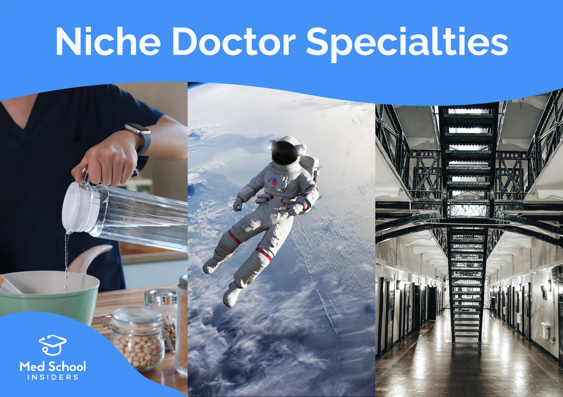 A split-screen graphic showcasing culinary medicine, aerospace medicine, and correctional medicine, with text reading "Niche Doctor Specialties"