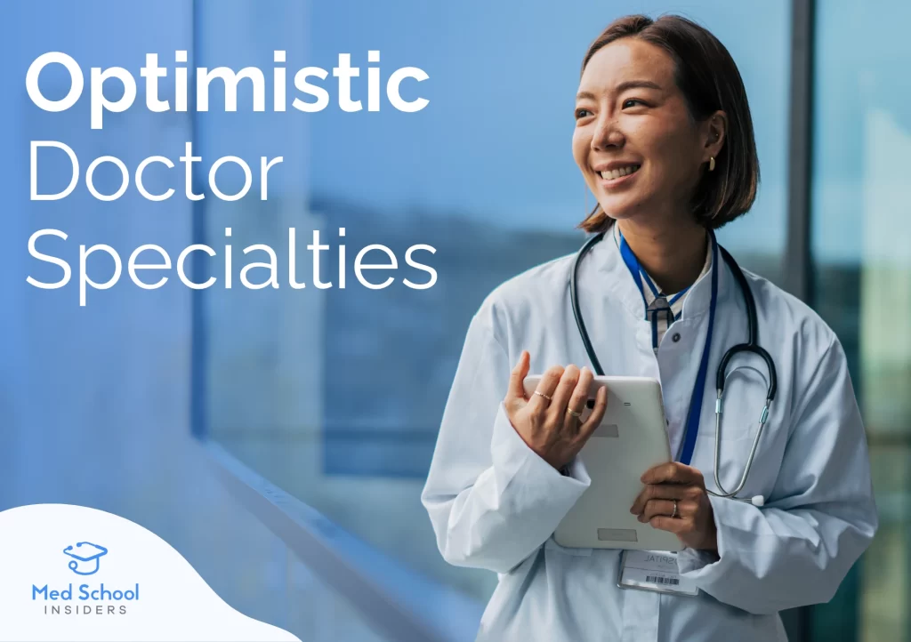 A smiling female physician in a white coat holding a tablet, representing optimistic and fulfilling doctor specialties.
