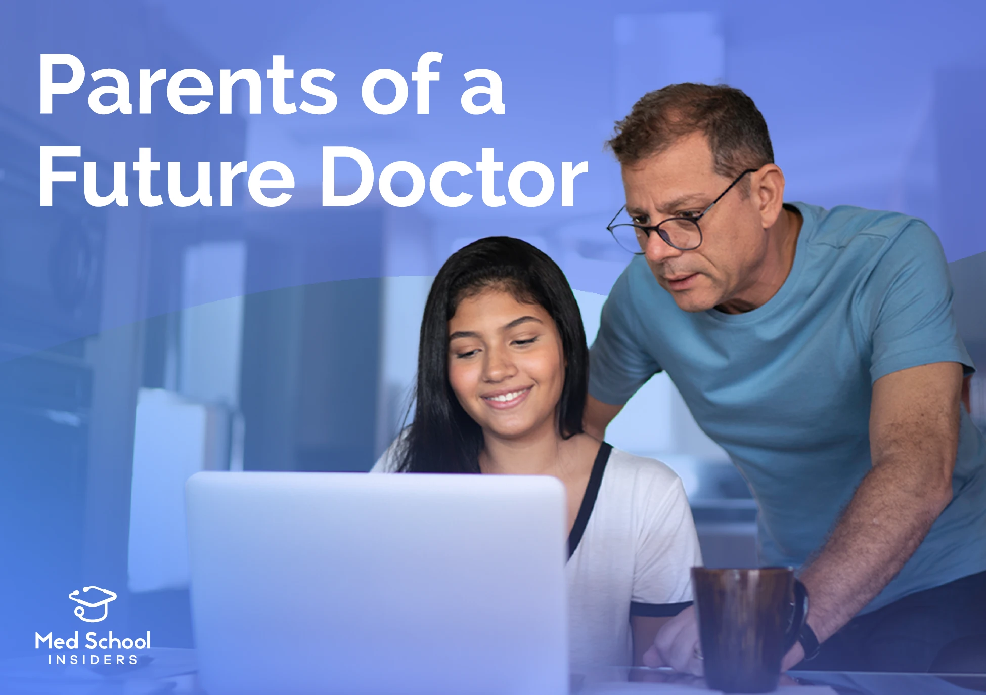 A father looking over his daughter's shoulder as she works on a laptop, supporting her premed journey.