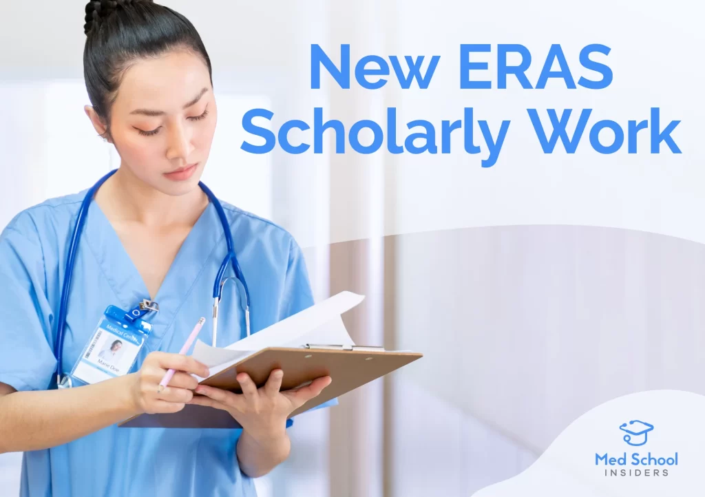 A medical resident in scrubs writing on a clipboard, representing new ERAS scholarly work requirements for 2027.