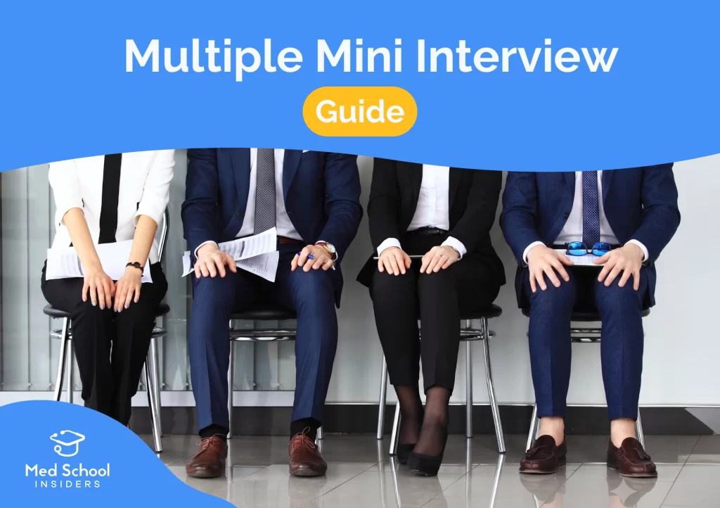 Four medical school applicants in professional attire seated in a row while waiting for their multiple mini interview.