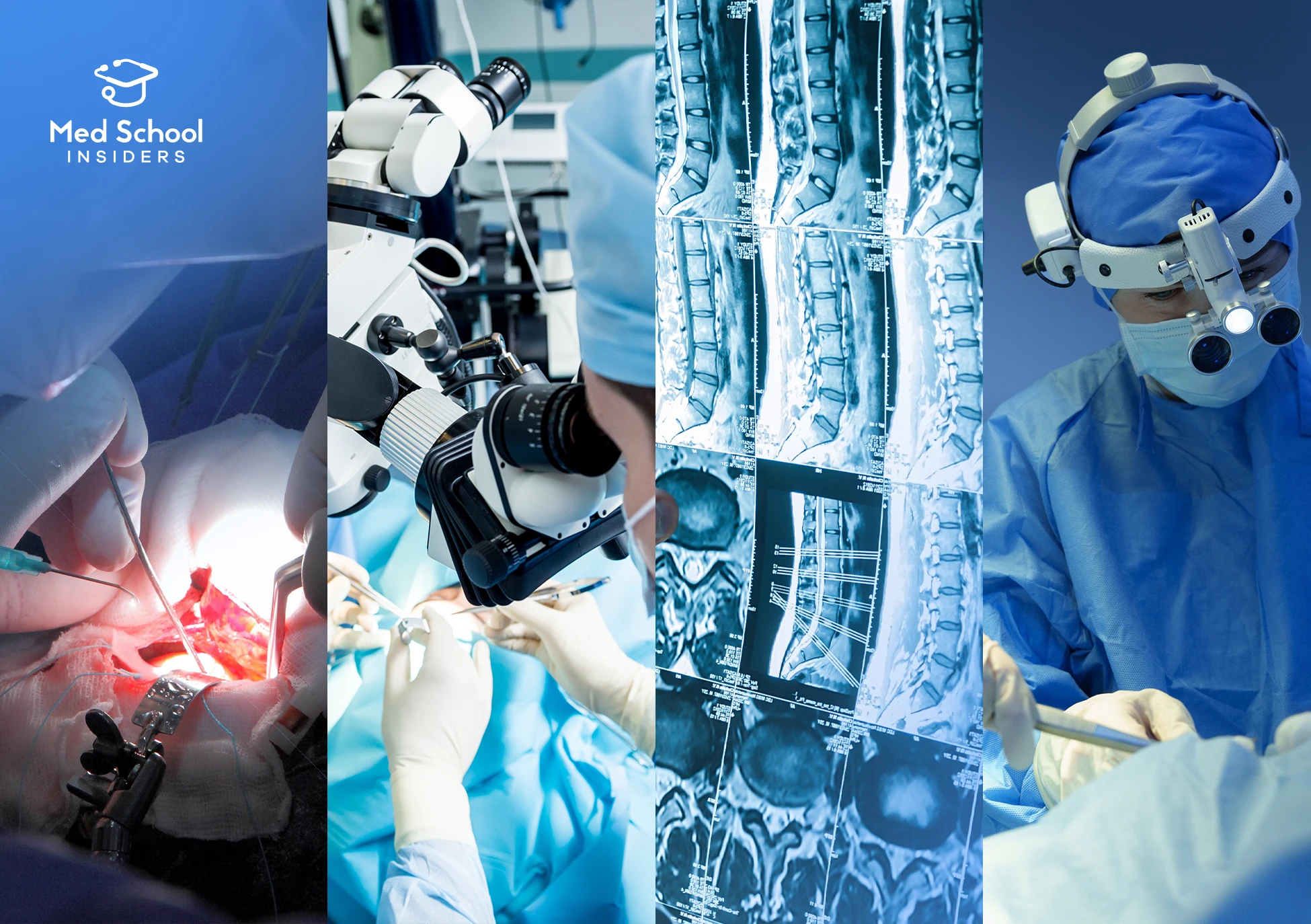 A split-screen graphic showcasing neurosurgery subspecialties, including active surgery, microscope use, MRI spine scans, and a surgeon wearing a headlamp loupe