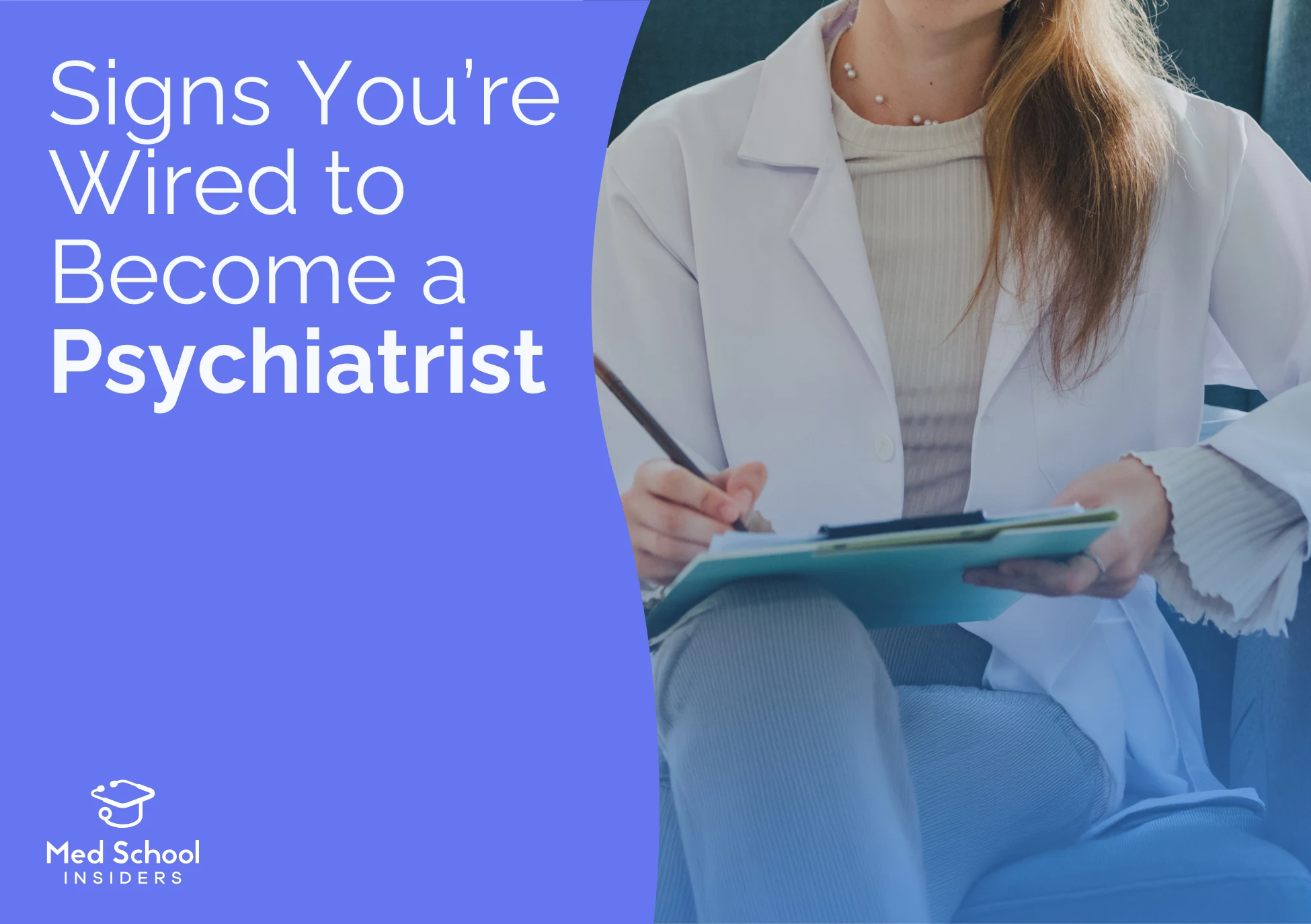 A psychiatrist in a white coat taking notes on a clipboard during a patient session.