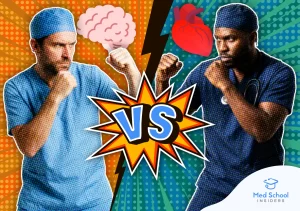 A comic-style graphic pitting a neurosurgeon holding a brain against a cardiothoracic surgeon holding a heart in a career battle matchup.