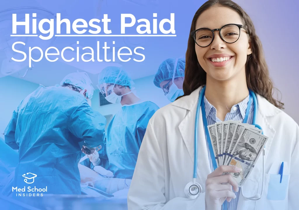 A smiling female physician in a white coat holding cash with a surgical team operating in the background, representing the highest paid doctor specialties in 2026.