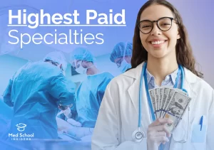 A smiling female physician in a white coat holding cash with a surgical team operating in the background, representing the highest paid doctor specialties in 2026.