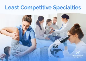 Three doctors representing least competitive medical specialties, including a physical medicine physician, a pediatrician examining a child, and a pathologist using a microscope.