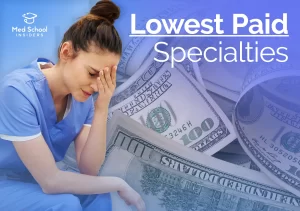 A distressed physician in scrubs sitting with her head in her hand next to a pile of hundred dollar bills, representing the lowest paid doctor specialties in 2026.