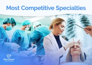 Three scenes representing the most competitive medical specialties, including a surgical team in the OR, a dermatologist treating a patient, and a radiologist reviewing chest X-rays.
