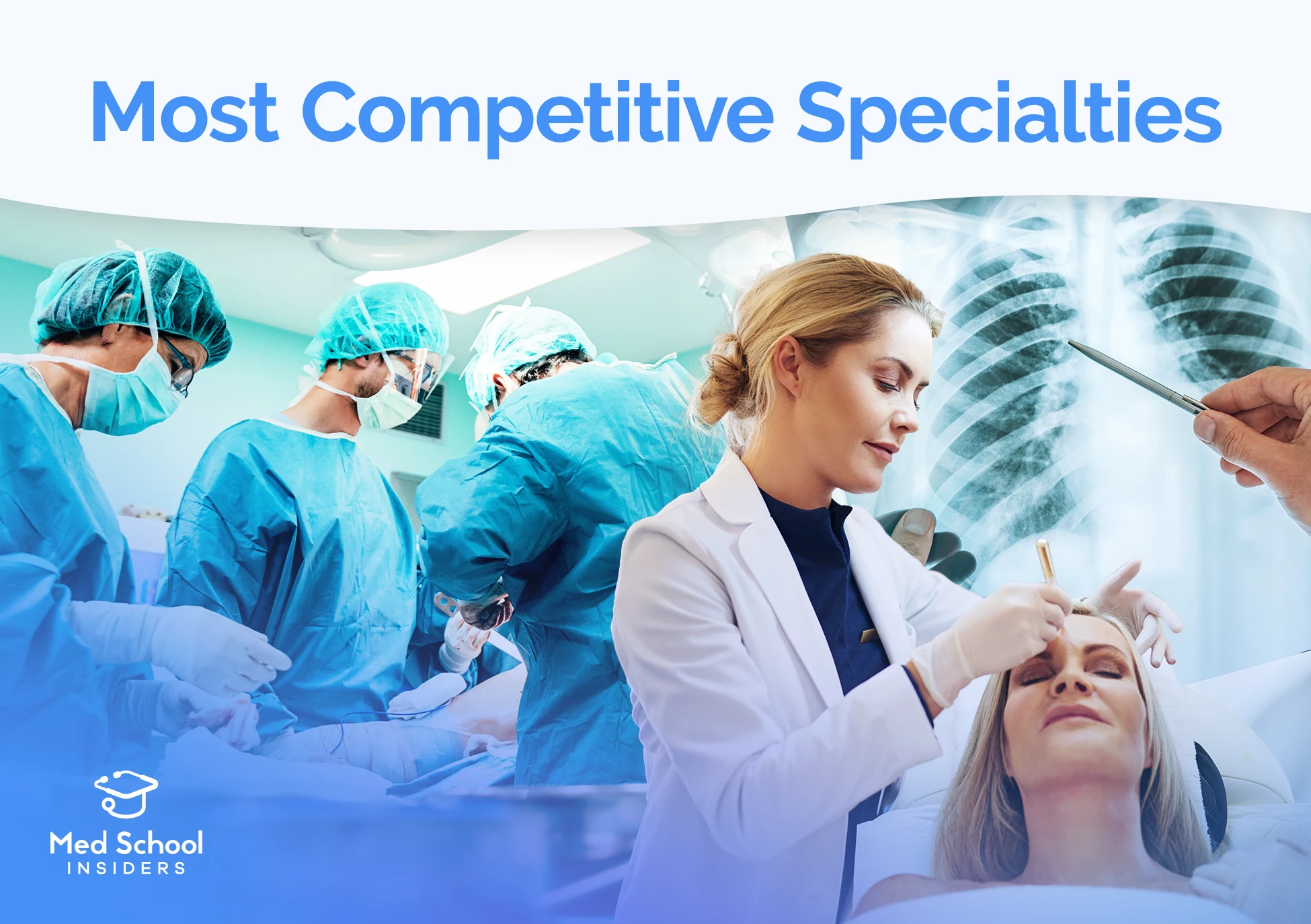 Three scenes representing the most competitive medical specialties, including a surgical team in the OR, a dermatologist treating a patient, and a radiologist reviewing chest X-rays.