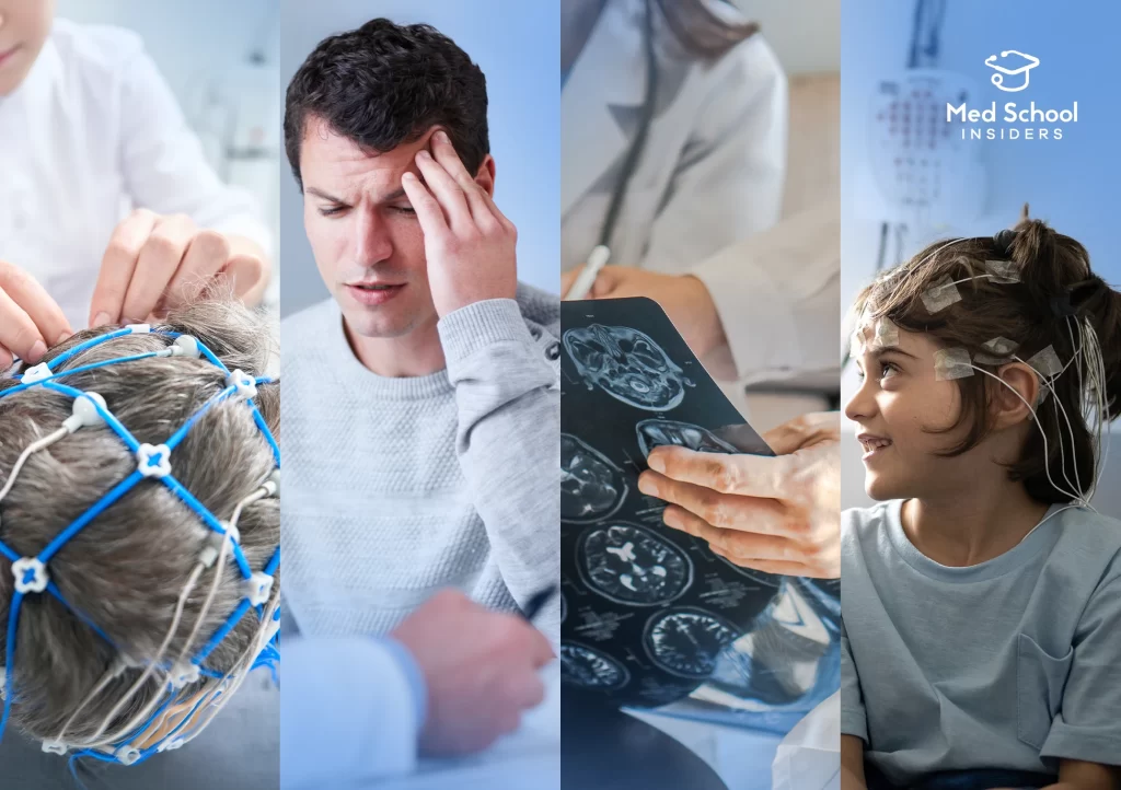 Four panels representing neurology subspecialties, including an EEG being placed on a patient, a man with a headache, a doctor reviewing brain MRI scans, and a child undergoing neurological monitoring.