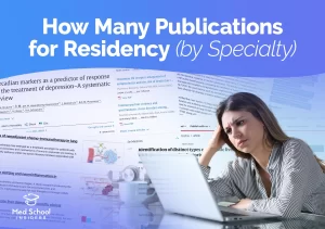 A stressed medical student researching publication requirements for residency on a laptop, surrounded by overlapping medical journal articles.