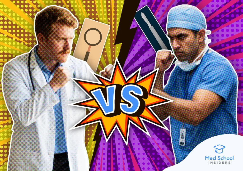 A comic-style graphic pitting a dermatologist holding a magnifying glass against a plastic surgeon holding a scalpel in a career battle matchup.