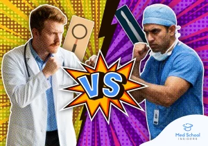 A comic-style graphic pitting a dermatologist holding a magnifying glass against a plastic surgeon holding a scalpel in a career battle matchup.