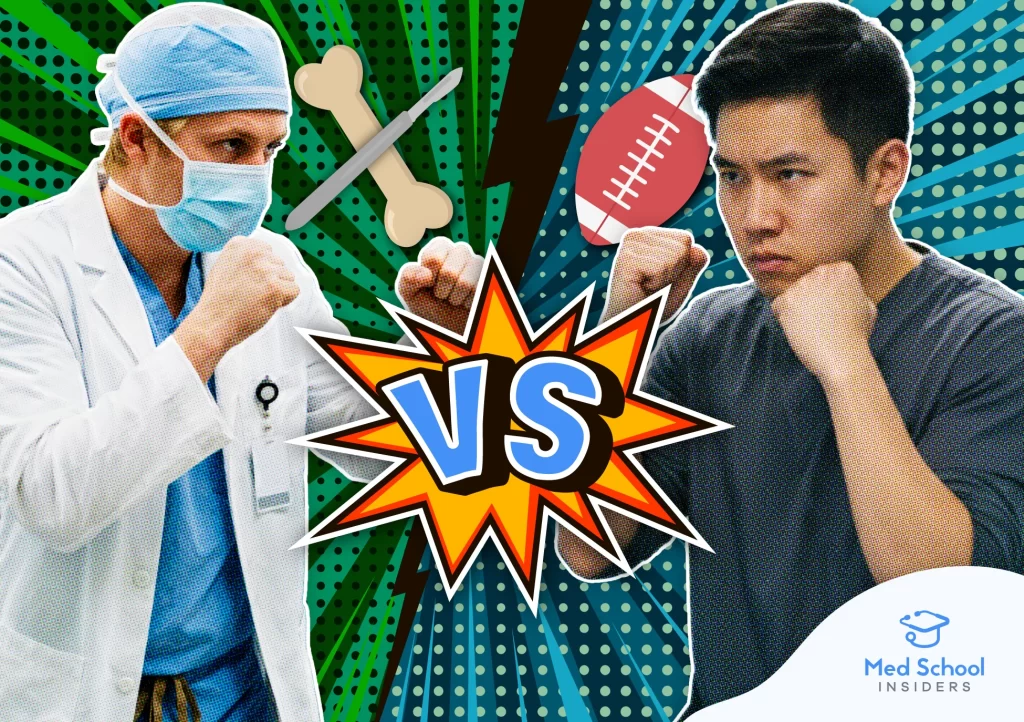 A comic-style graphic pitting an orthopedic surgeon holding a scalpel and bone against a sports medicine doctor holding a football in a career battle matchup.